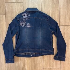 GH Bass Denim Jacket Womens L Blue Floral Embroidered Stretch Jean Jacket